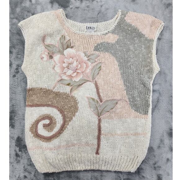 Erika Sweaters - Vintage Erika Sweater Womens S Beige Linen Floral Pearls Beaded Short Sleeve